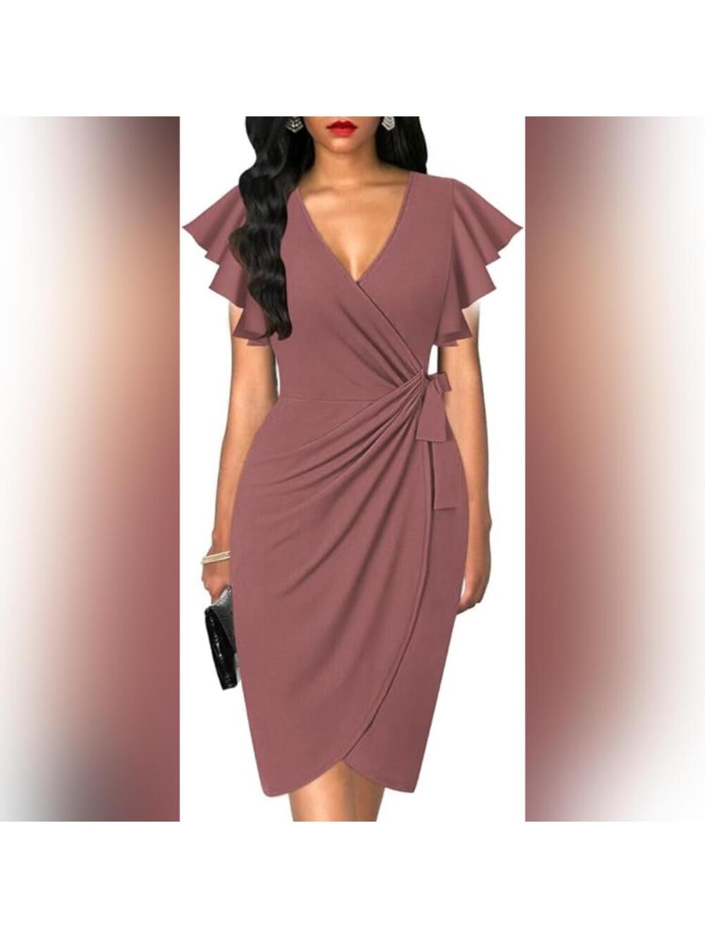 NWT Oten Deep V Neck Ruffle Sleeve Sheat Faux Wrap Cocktail Dress, XXL